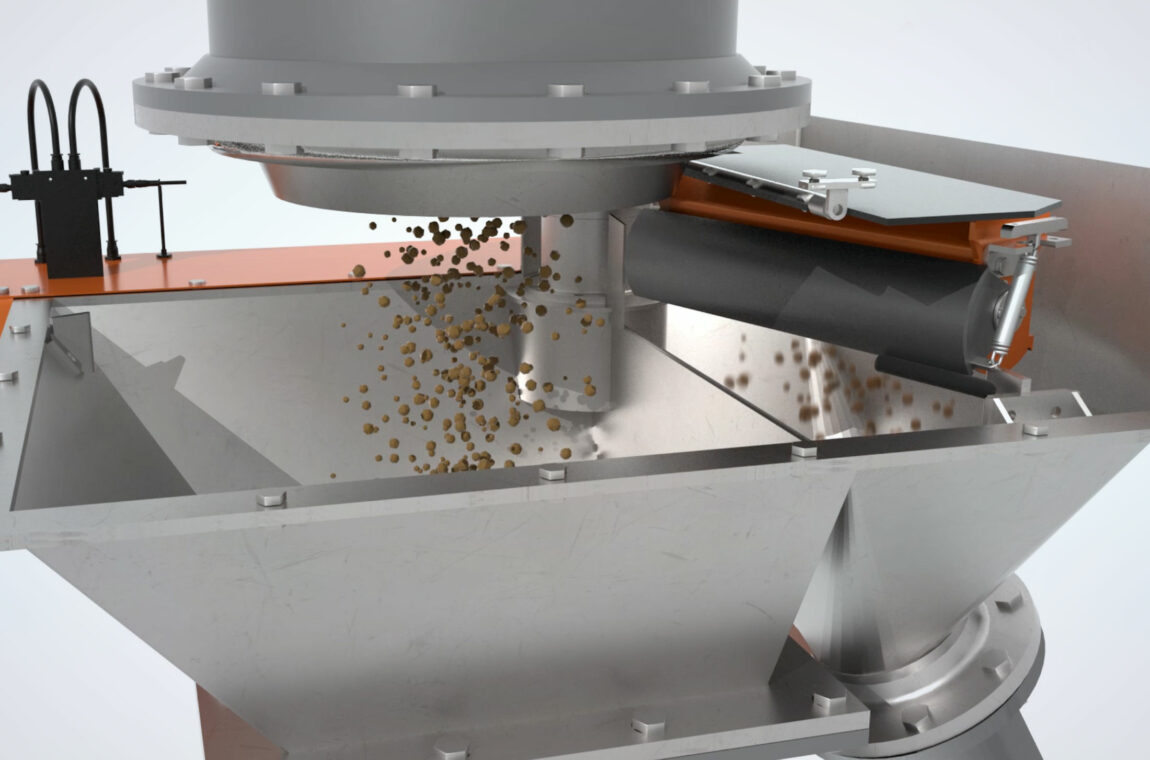 Drop tube swivel sampler - slotted vessel takes sample - you can see how the sample "falls" through the sampler, the slotted vessel has taken the sample and empties it into the sample discharge chute.